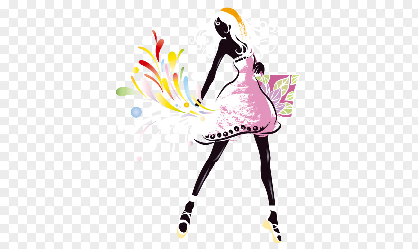 Fashion Girl Graphic Arts Illustration PNG arts Illustration, Shopping women fashion creative living, illustration of woman wearing pink and multicolored dress foliage tote bag clipart PNG