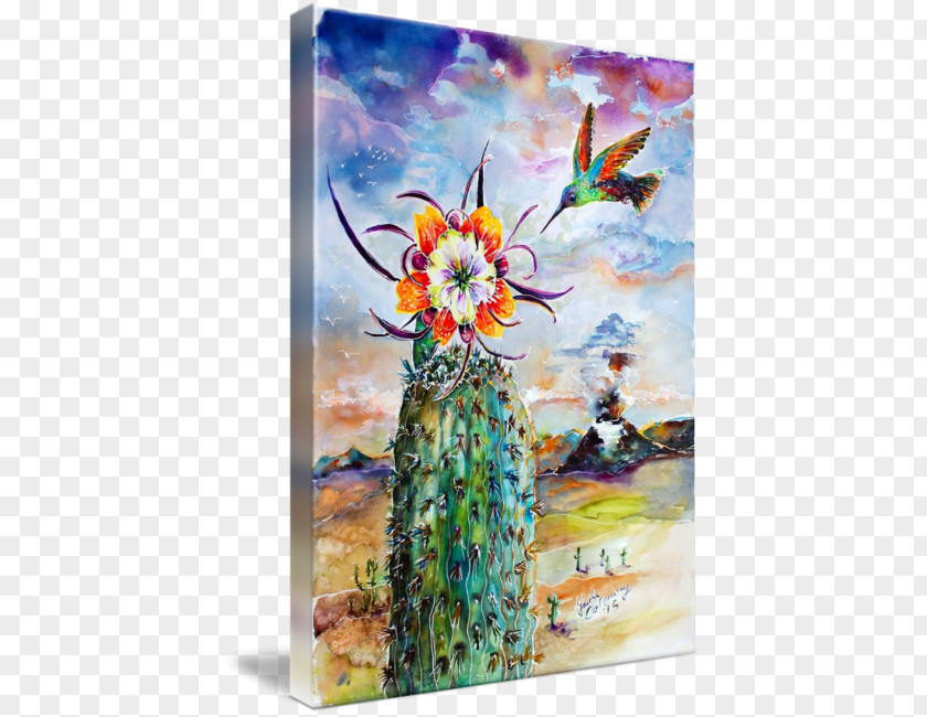 Hummingbird Flower Watercolor Painting Modern Art Cactus Canvas Print PNG