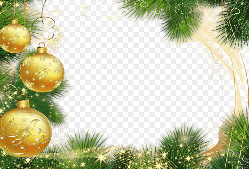 Christmas Frame Golden Balls PNG Balls, green leaf and brown baubles illustration clipart PNG