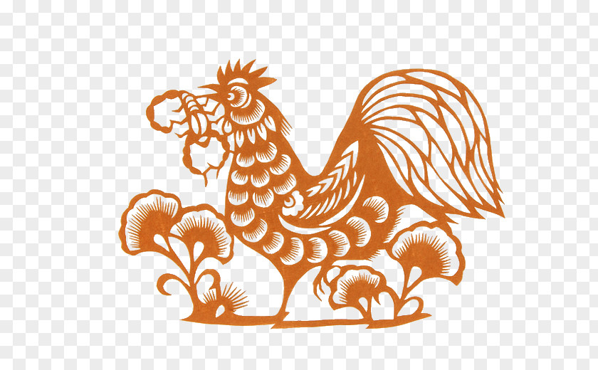 Orange Chinese Wind Cut Paper Cock Decoration Pattern Papercutting Chicken Rooster New Year PNG