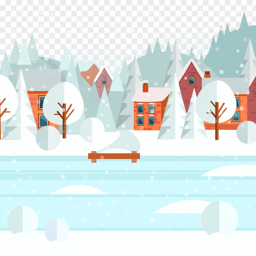 Frozen Lake And House Snow Christmas Illustration PNG