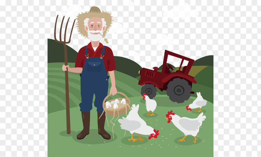 Vector Painted Old Farm Chicken Farmer Clip Art PNG