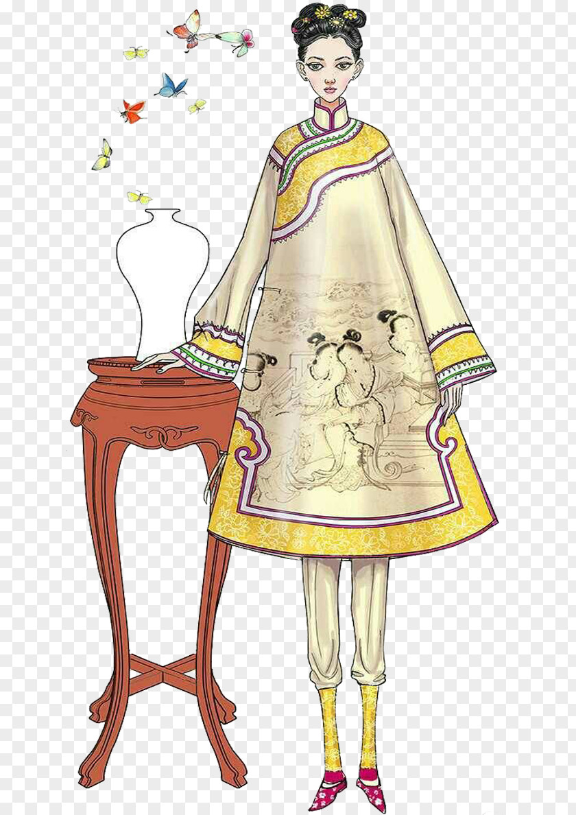 Hand-painted Qing Dynasty Women's Dress Designer Costume Design PNG