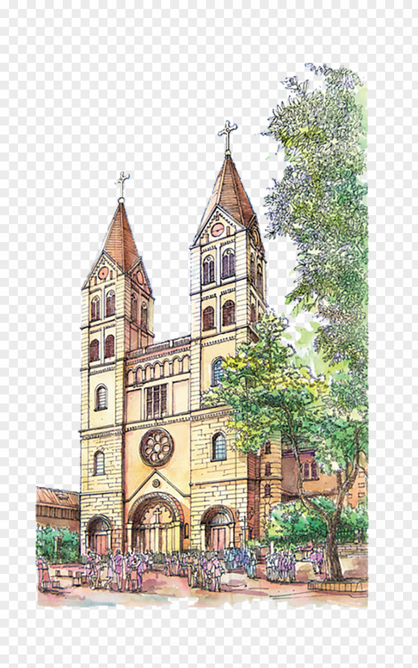 Qingdao Catholic Church Hand-painted Material Europe Watercolor Painting Architecture PNG