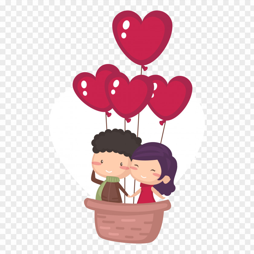 Cute Couple Ride Love Hot Air Balloon Vector Illustration Valentine's Day Cartoon Heart PNG