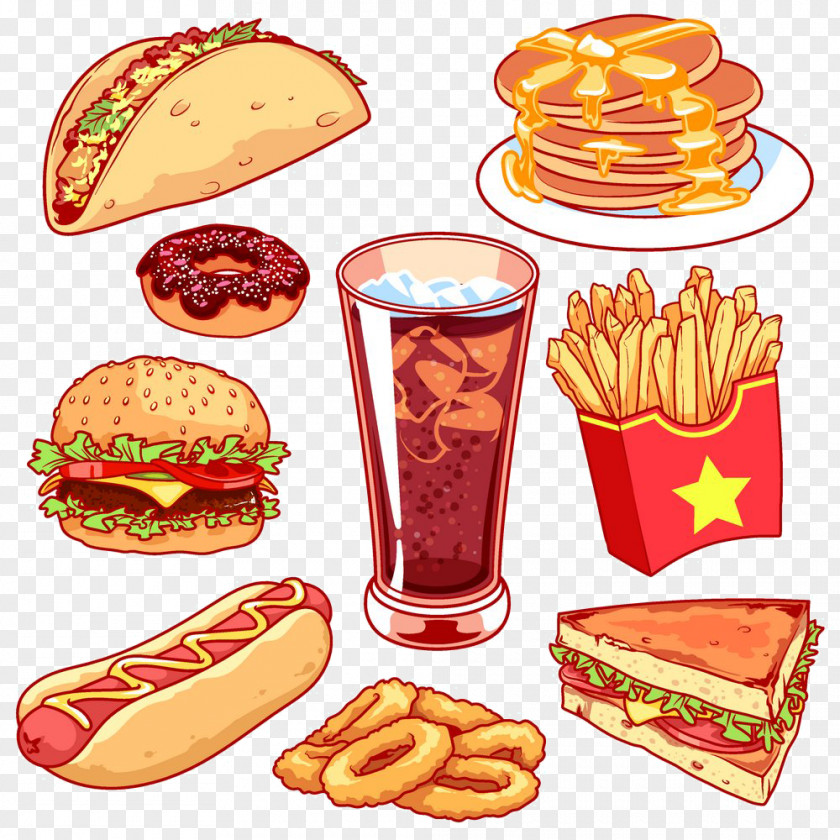 Hand-painted Cartoon Hot Dog Pancake Sandwich Onion Rings Hamburger Fast Food Junk Ring Take-out PNG
