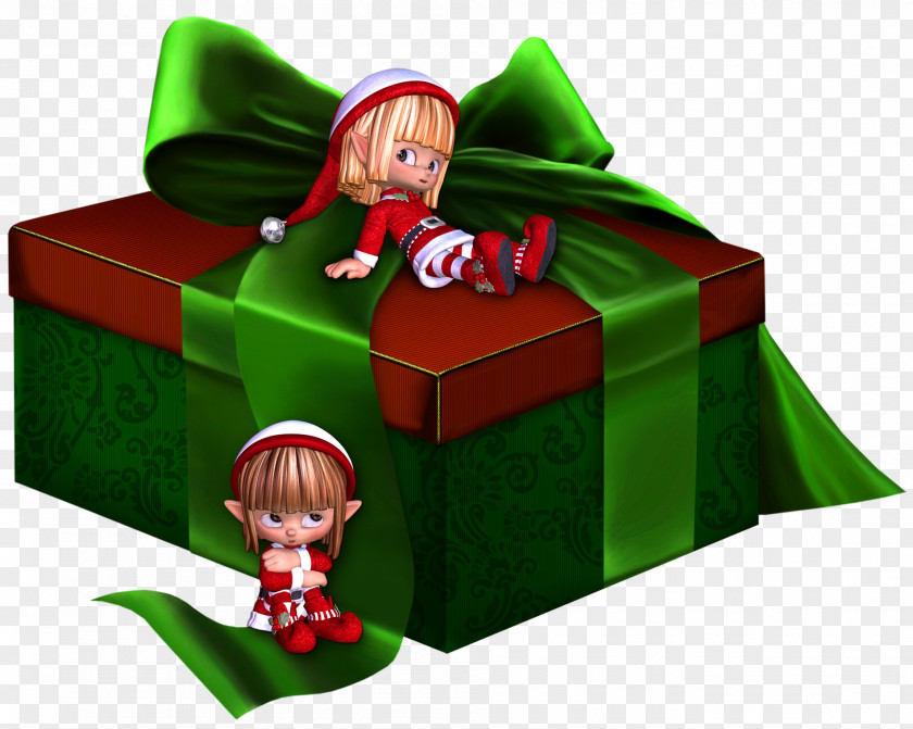Green And Red 3D Present With Elfs Clipart Gift Clip Art PNG