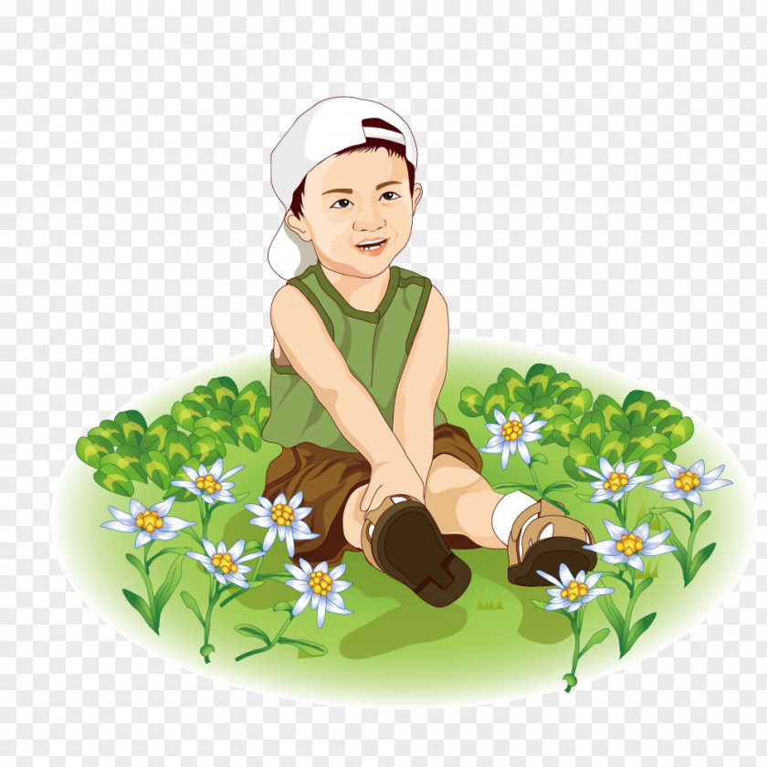 Boy Sitting On The Grass Cartoon Child Illustration PNG