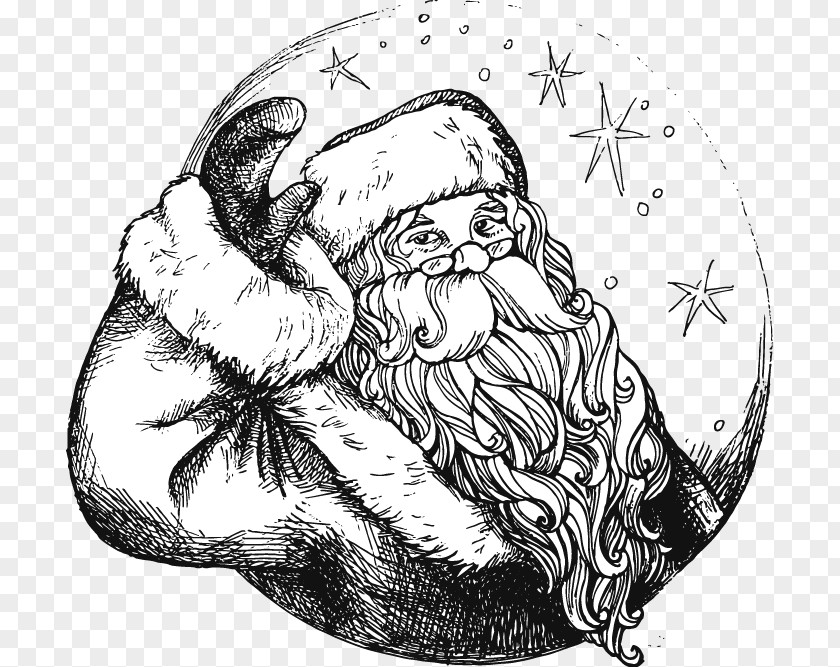 Abstract Black And White Hand-painted Santa Claus Ded Moroz Christmas Clip Art PNG