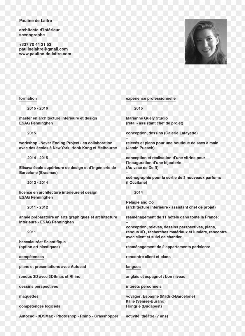 Cv Design De Laitre Eleonore Curriculum Vitae Architecture Interior Services Document PNG