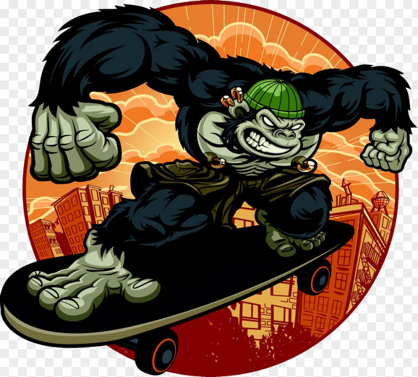 Gorilla Monkey Ape Skateboarding PNG