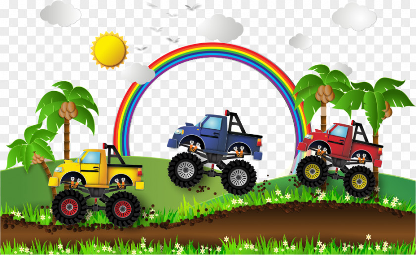 Vector Car And Rainbow Pickup Truck Monster Illustration PNG