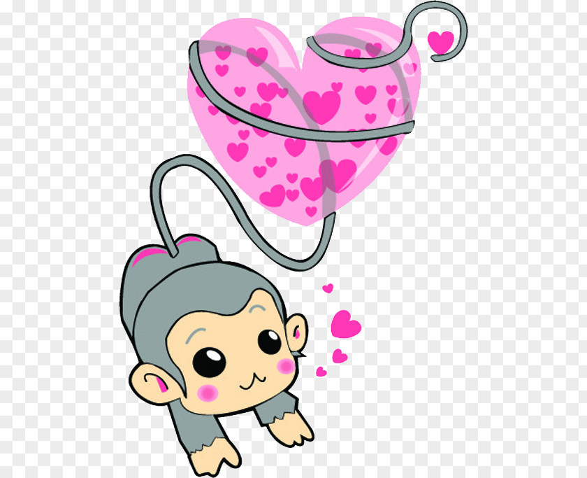 Monkey And Love Balloon Cartoon Illustration PNG