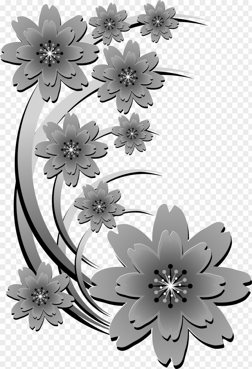Vector Flowers Floral Design White Monochrome Pattern PNG