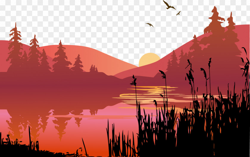 Vector Lake Sunset Clip Art PNG