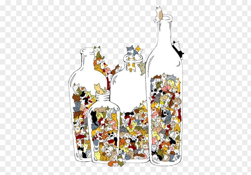 Bottle,Wishing Bottle,Small Fresh,Beautiful,Hand Painted Cat Kitten T-shirt Drawing Illustration PNG
