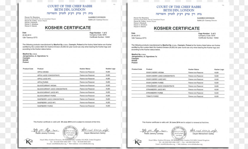 Certyfikat WzÃ³r Kosher Foods Document Directory Page 3 Parent PNG