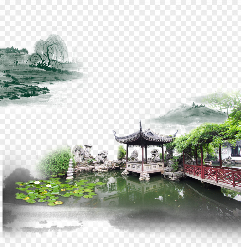 China Wind Creative Background Green Water Mansion Jiangnan Poster Ink Wash Painting PNG