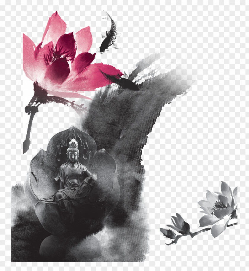 Ink Lotus Budaya Tionghoa Wash Painting Chinoiserie PNG