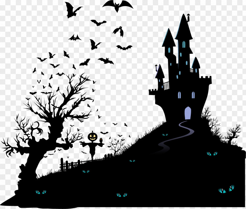 Vector Black Silhouette Haunted House Housewarming Party Halloween Wedding Invitation Moving PNG