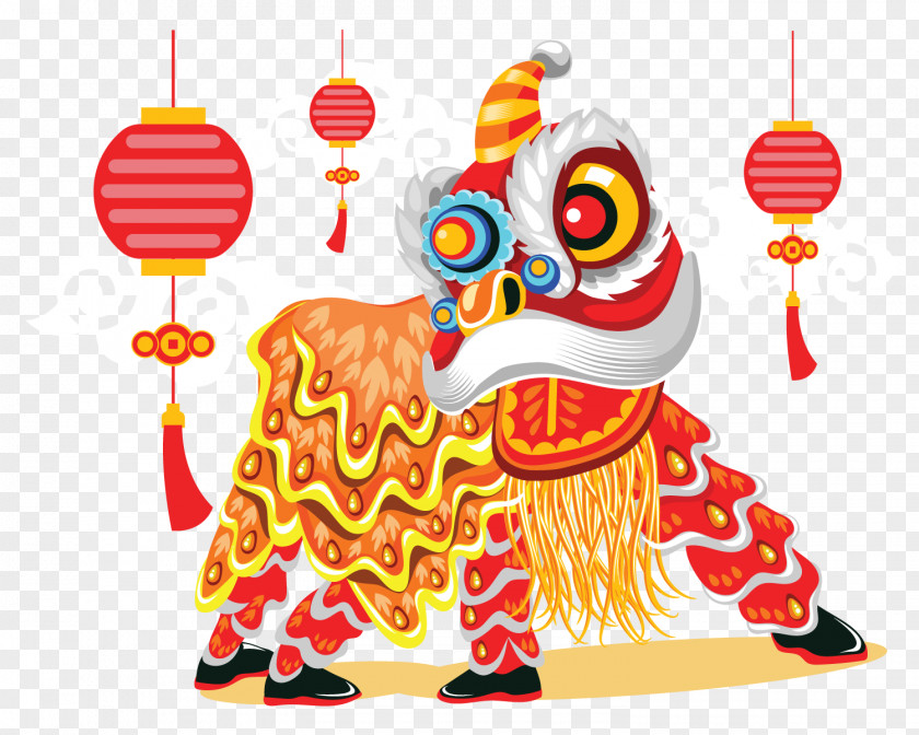 New Year Lion Dance Lantern Vector Chinese Illustration PNG