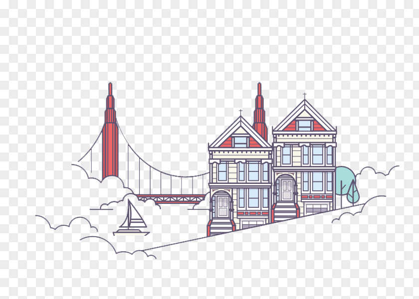 Cartoon City Bridge Building Material Drawing Illustration PNG