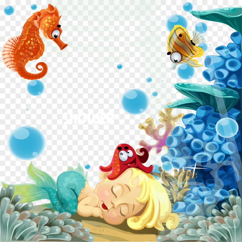Hippocampus And Underwater Mermaid Sleeping Vector Material Sea Illustration PNG