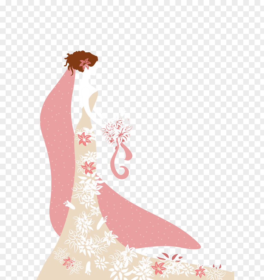 Hand-painted Cartoon Bride Text Gown Pink Illustration PNG