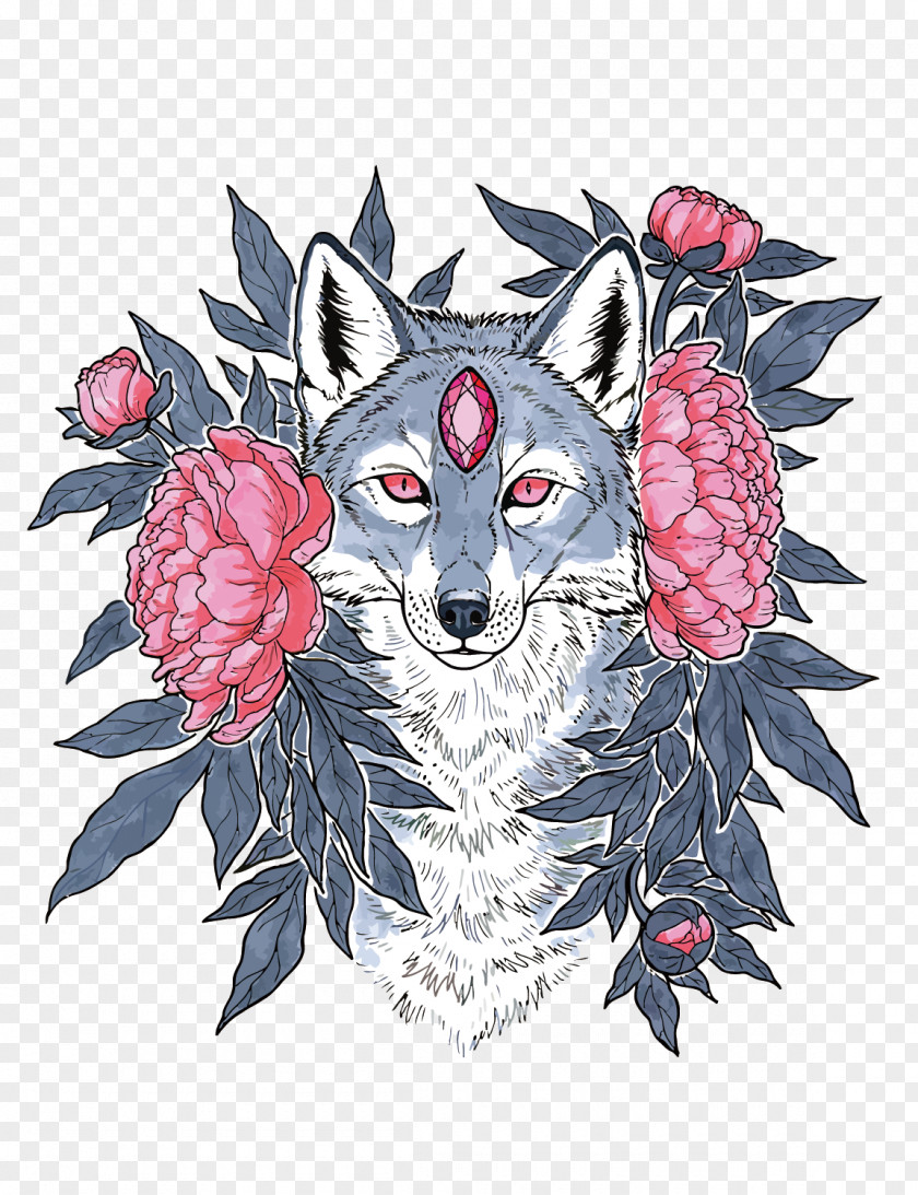 Wolf And Flower Vector PNG