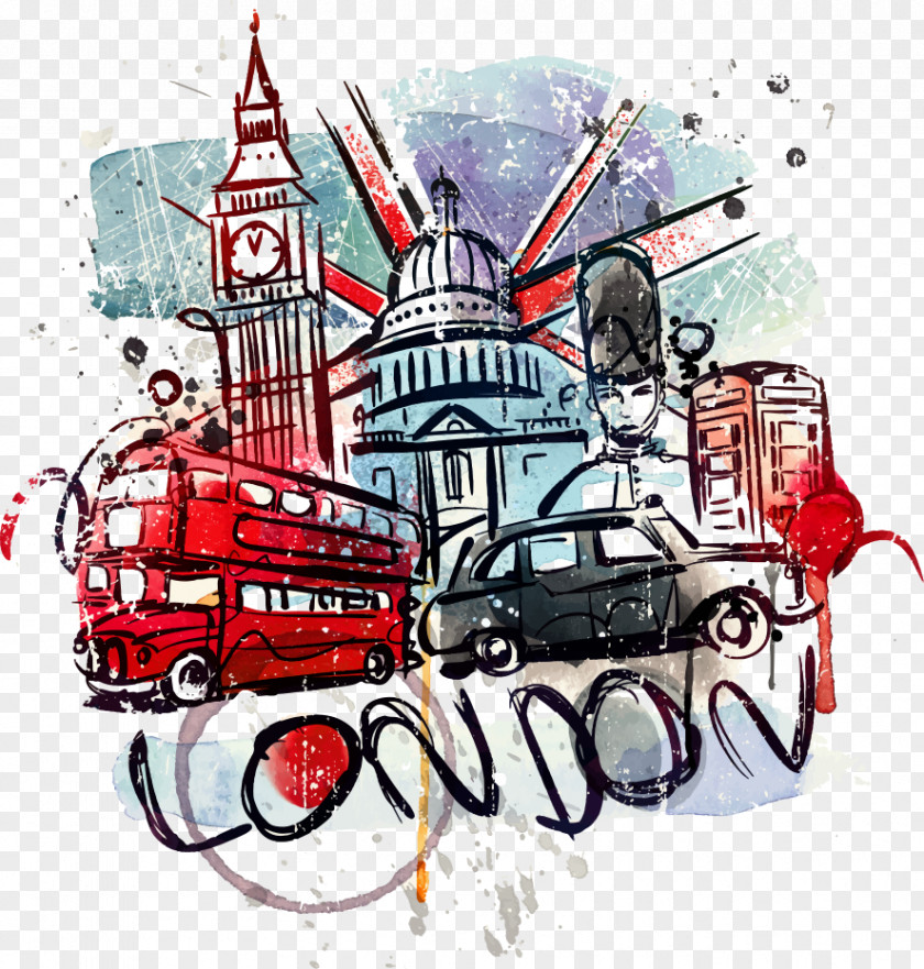 Vector Watercolor Illustration London Big Ben Bus Landmark Wall Decal PNG
