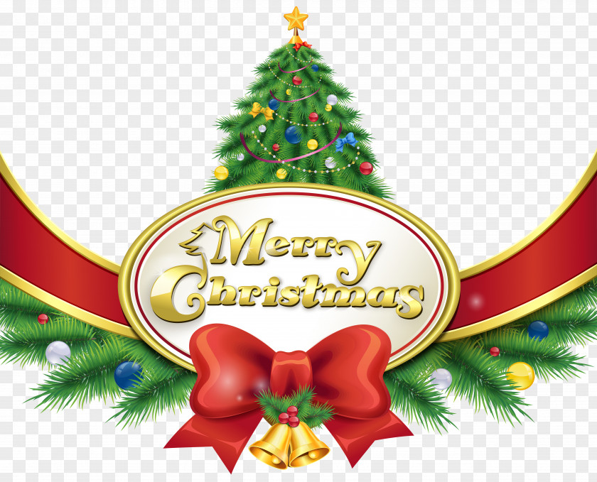 Merry Christmas With Tree And Bow Clipart Image Eve Santa Claus Christmas, Happy Holidays PNG