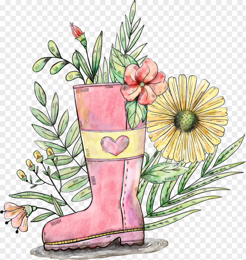 Hand Painted Pink Boots Gardening Flower Watercolor Painting PNG