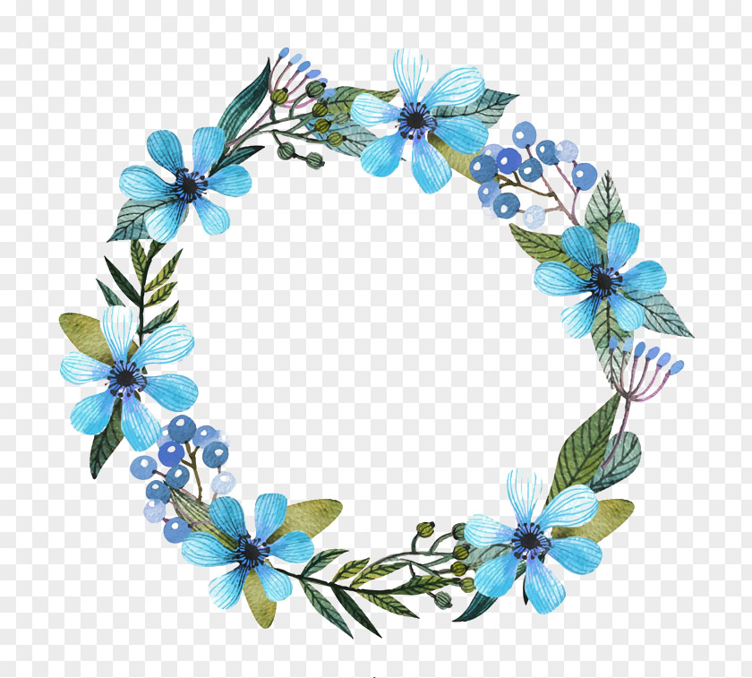 Painted Blue Garland Flower Wreath Clip Art PNG