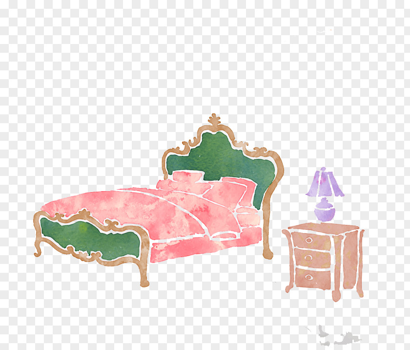 Stained Water Bed And Nightstand Watercolor Painting Drawing PNG