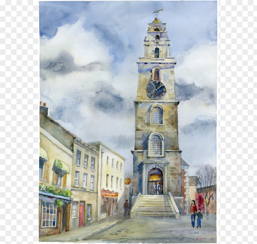 Watercolor Fishing Painting Art Steeple Spire Bell Tower PNG