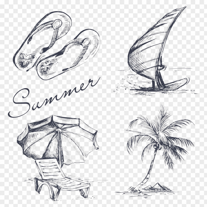 Vector Sea Tree Drawing Summer Illustration PNG