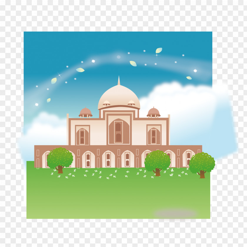 Blue Sky Under The Mosque Taj Mahal Cartoon Illustration PNG
