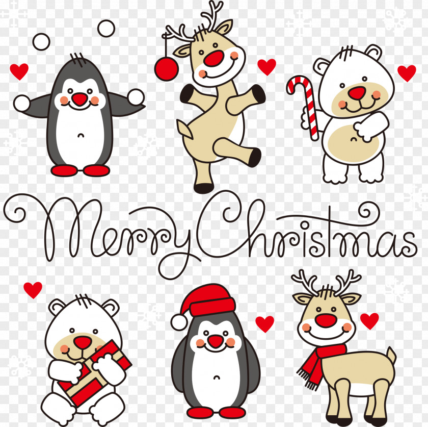 Christmas Penguin With Fawn Reindeer Santa Claus Cartoon Clip Art PNG