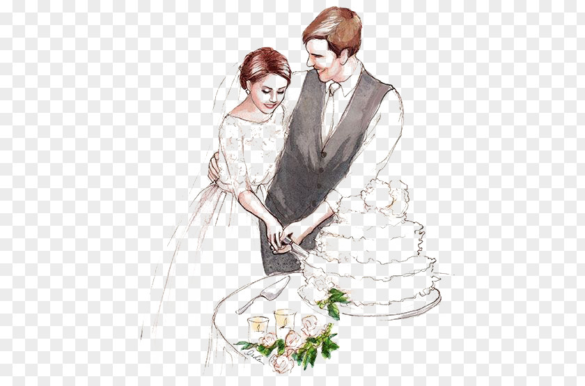 Cake Cutting Wedding Invitation Bride Drawing Illustration PNG