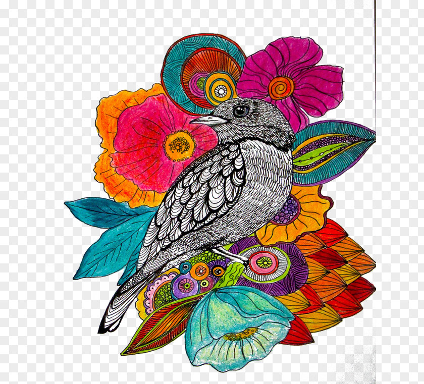 Painted Flowers And Birds Drawing Color Pen Painting Illustration PNG