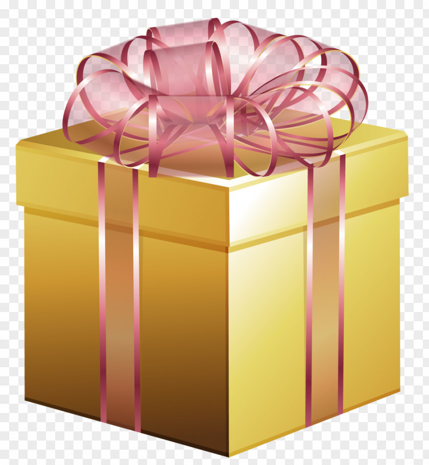 Large Gold Gift Box With Pink Bow PNG