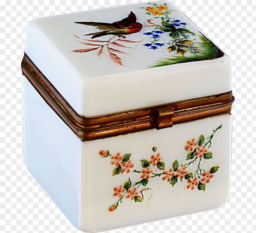 Hand Painted Flowers Box Opaline Glass Vitreous Enamel Antique PNG