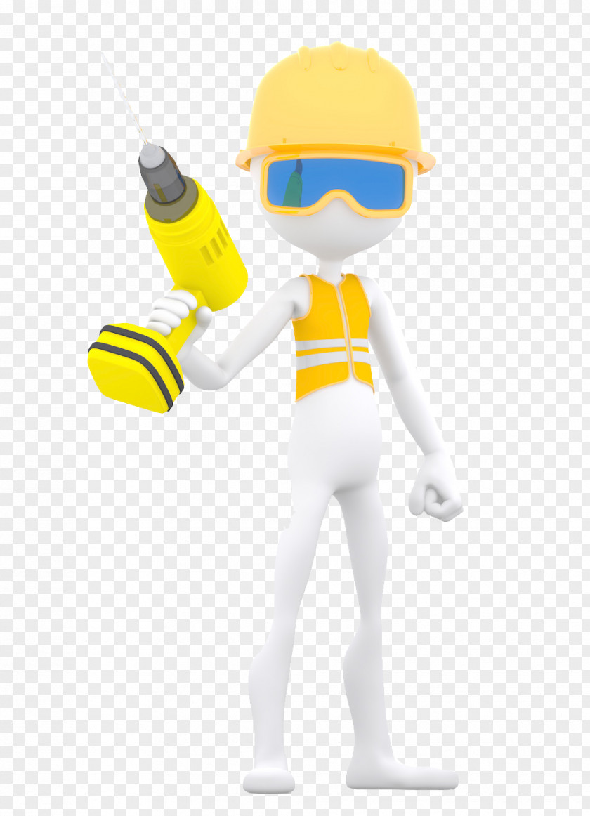 3D Cartoon Character Construction Worker Laborer Drill Architectural Engineering Illustration PNG