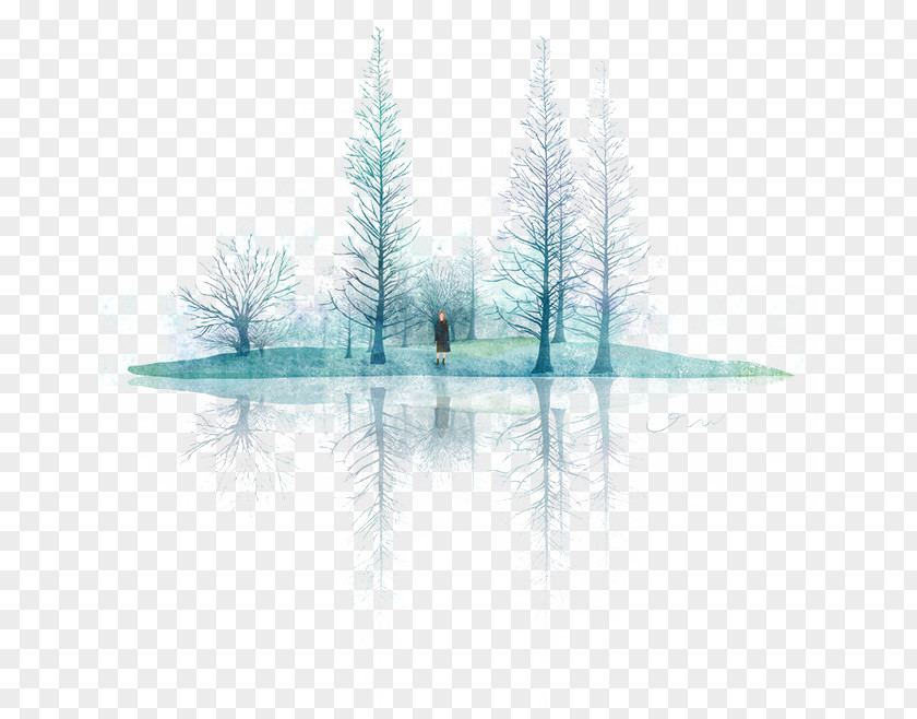Blue Lake Watercolor Painting Illustration PNG