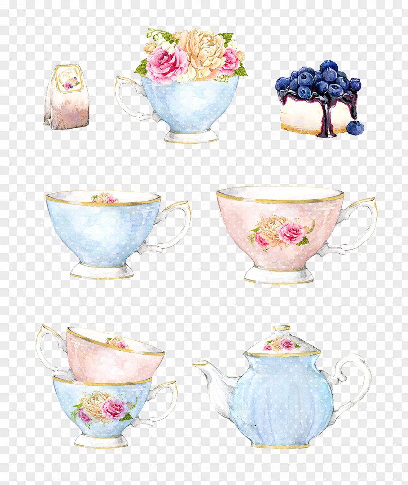 Vector Decorative Hand-painted Watercolor Background Coffee Cup Porcelain Vase Saucer PNG