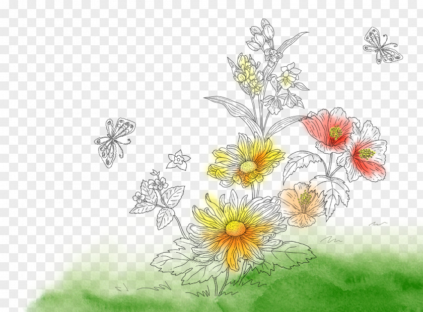 Floral Background Ink On The Grass Flower Watercolor Painting Pattern PNG