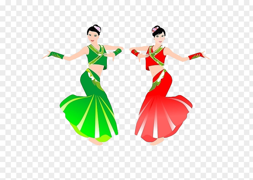 Hand-painted Peacock Dance Dai People Illustration PNG