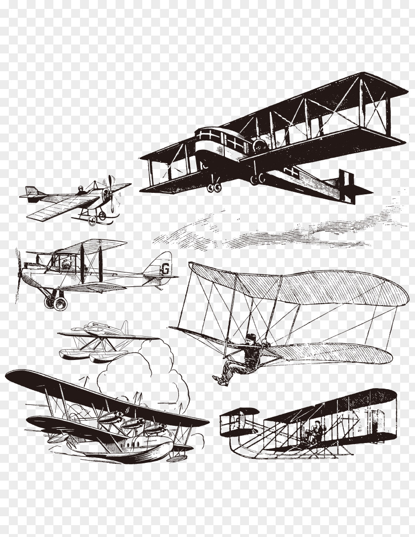 Hand-painted Black And White Aircraft Historical Process Airplane Antique Aviation PNG