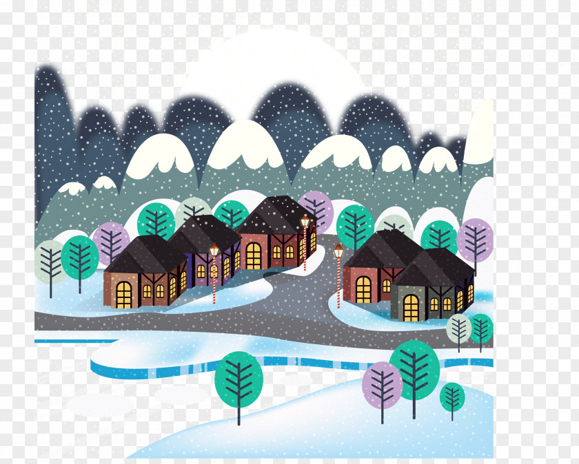 Decorative Flat Town Daxue Snowy Merry Christmas Illustration PNG