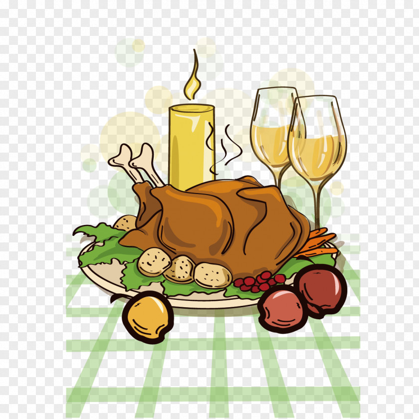 Wine And Chicken Turkey Meat Thanksgiving Dinner Cartoon PNG